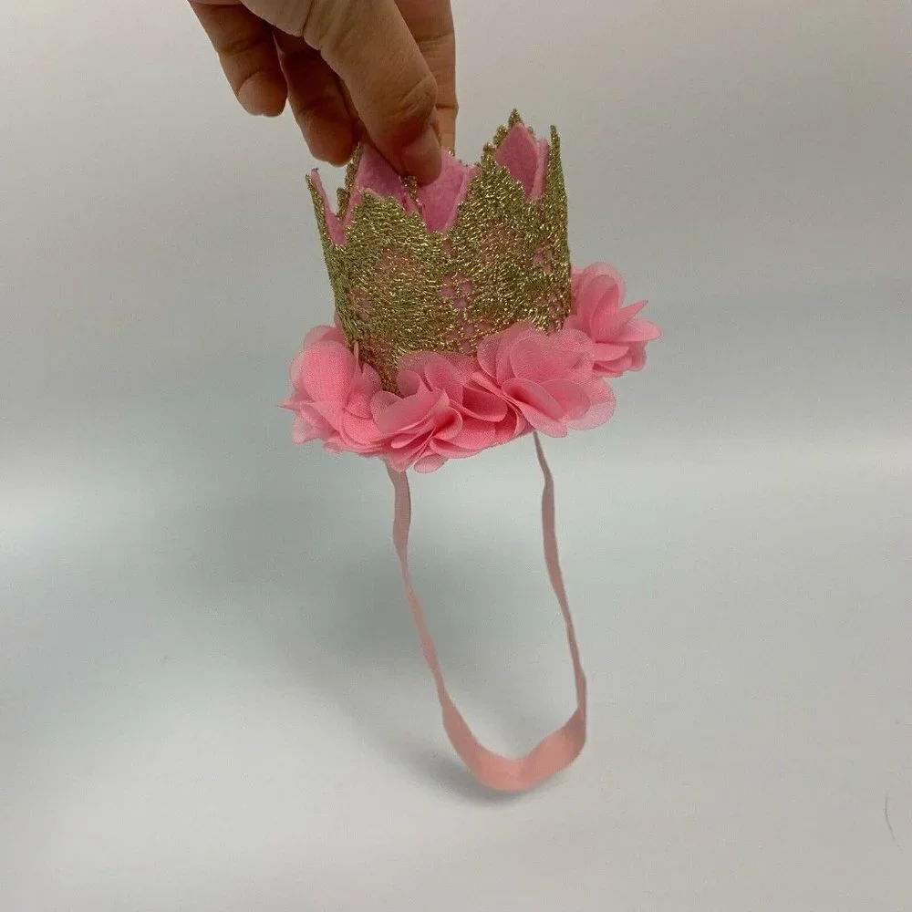 Baby First Birthday Hat Crown Gold Pink Roses w Elastic Small Photo Shoot Party